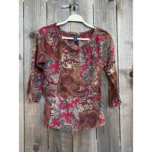 Chaps Paisley Blouse 3/4 Sleeve Smocked Neckline Bohemian Top‎ Size M